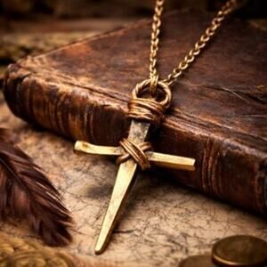 Gold Copper Handcrafted Dagger Cross Necklace Rustic Faith Pendant 22” Chain